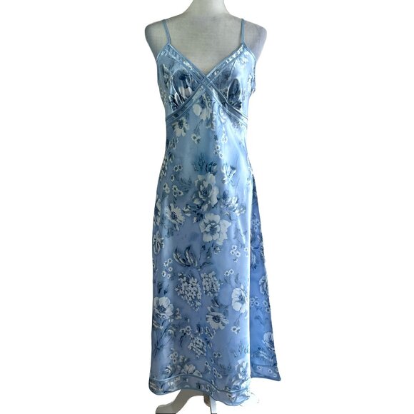Jones New York Vtg 90s/Y2K Light Blue Satin Floral Maxi Evening Dress - Picture 1 of 7